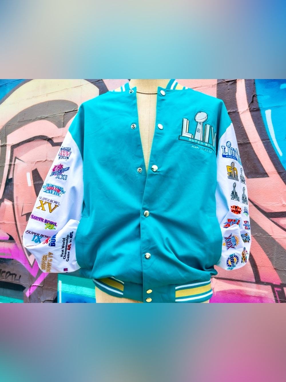 SUPERBOWL LIV (54) Vintage Bomber Jacket size XL -Blue with Retro Embroidery